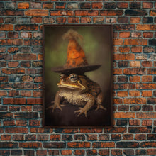 Load image into Gallery viewer, Frog Wall Art, Frog Wearing Witch Hat, Funny, Animal Wall Art, Nature, Modern Print, Wall Decor, Canvas Print, Wall Art, Framed Canvas
