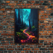 Load image into Gallery viewer, Luminescent magical forest canvas print, glowing trail though the trees, fantasy art
