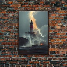 Load image into Gallery viewer, Lighthouse Oil Painting Canvas Print, Lightning striking a lighthouse during a dark stormy night, gloomy wall art
