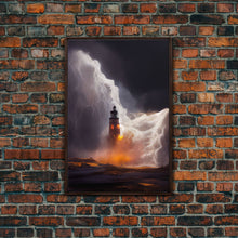 Load image into Gallery viewer, Lightning striking a burning lighthouse, canvas print, oil painting style, dark and gloomy wall art
