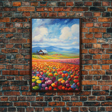 Cargar imagen en el visor de la galería, Flower Farm Wall Art, Tulip Field, Countryside Wall Print, Canvas Print, Wall Art, Vertical Art, Gifts For Grandma, Tiny House Decor
