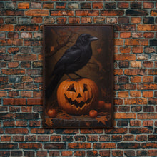Load image into Gallery viewer, Crow Atop A Jack O Lantern, Framed Canvas Print, Halloween Decor, Raven Painting, Victorian Oil Painting Print, Macabre Horror Print
