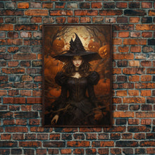 Load image into Gallery viewer, Beautiful Gothic Witch Art, Framed Halloween Canvas, Canvas Print, Spooky Halloween Wall Art, Halloween Deco, Witchy Art Pumpkin Patch Witch
