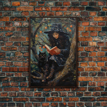 Carregar imagem no visualizador da galeria, Cute Witch Reading Spells To Her Black Cat Familiar, Vintage Halloween Art, Framed Canvas Print, Halloween Canvas Art, Witchcraft
