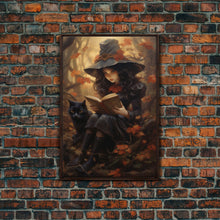 Carregar imagem no visualizador da galeria, Cute Little Witch Reading Spells To Her Black Cat Familiar, Vintage Halloween Art, Framed Canvas Print, Halloween Canvas Art, Witchcraft
