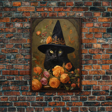 Carregar imagem no visualizador da galeria, Cute Witch&#39;s Familiar Cat Halloween Art, Cat Witch, Cat Painting, Cute Cat Print, Halloween Decor, Black Cat Print, Framed Canvas / Canvas
