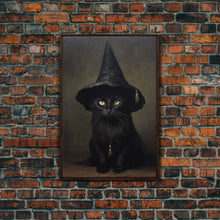 Carregar imagem no visualizador da galeria, Cute Witch&#39;s Familiar Cat Halloween Art, Cat Witch, Cat Painting, Cute Cat Print, Halloween Decor, Black Cat Print, Framed Canvas / Canvas
