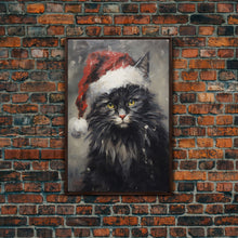 Cargar imagen en el visor de la galería, Christmas Cat In His Christmas Hat, Framed Canvas Print, Holiday Decor, Framed Canvas Print, Seasonal Wall Art
