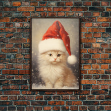 Carregar imagem no visualizador da galeria, Cute White Kitten In A Christmas Hat, Farmhouse Christmas, Farmhouse Decor, Framed Canvas Print Seasonal Wall Art Winter Decor Christmas Art
