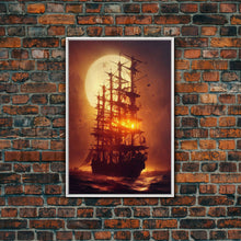 Load image into Gallery viewer, Ghost Ship and Full Moon, Spooky Pirate Ship Art, Framed Canvas Print, Ready To Hang Framed Wall Art, Living Room Wall Hanging
