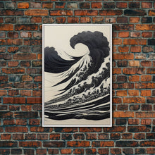 Carregar imagem no visualizador da galeria, Black and White Tsunami Waves, Japanese Style Art, Framed Canvas Print, Ready To Hang Framed Wall Art, Living Room Wall Decor
