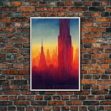 Cargar imagen en el visor de la galería, Chicago at sunset concept art, synthwave style, framed canvas print, ready to hang wall art with frame
