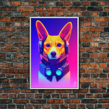 Load image into Gallery viewer, Cyberpunk Corgi Portrait, Futuristic Corgi, Framed Canvas Print, Ready To Hang Framed Wall Art, Living Room Wall Hanging
