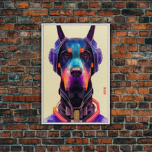 Load image into Gallery viewer, Cyberpunk Dobermann Pinscher Portrait, Watercolor, Framed Canvas Print, Ready To Hang Framed Wall Art, Living Room Wall Hanging
