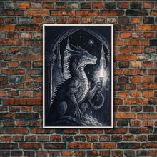 Load image into Gallery viewer, Dragon holding a torch, poster art, black and white dragon
