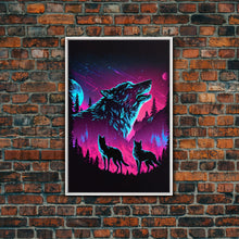 Load image into Gallery viewer, Wolves Howling at the moon, 3 wolf moon, framed canvas print, vaporwave art, Animal art, predator art
