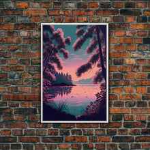 Load image into Gallery viewer, Beautiful Sunset over the lake, My Secret Spot, framed canvas print, Pinkwave retro style landscape art
