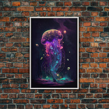 Load image into Gallery viewer, Bioluminescent Cosmic Jellyfish against a Starry night sky, JellyFish Art, Framed Canvas Print, synthwave style art

