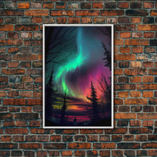 Carregar imagem no visualizador da galeria, Aurora Borealis, Northern Lights Art, framed canvas print, snow capped mountain landscape art
