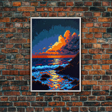 Load image into Gallery viewer, Pixel Art Sunset obscured by clouds, framed canvas print, 8 bit art
