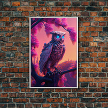 Load image into Gallery viewer, Cyberpunk Robot Owl, framed canvas print, Cybernetic android owl art, vaporwave aesthetic futuristic art
