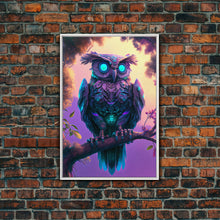 Load image into Gallery viewer, Cyberpunk Robot Owl, framed canvas print, Cybernetic android owl art, vaporwave aesthetic futuristic art
