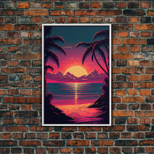 Load image into Gallery viewer, 8 bit pixel art sunset, synthwave style palm tree beach, framed canvas print, framed wall art painting
