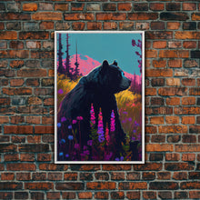Carregar imagem no visualizador da galeria, Cute brown bear stopping to smell the flowers, animal prints, framed canvas print, colorful unique wall art
