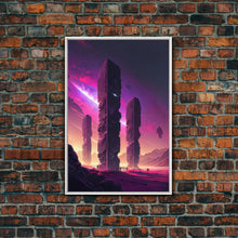 Load image into Gallery viewer, The Monoliths, Scifi art, retro synthwave style alien planet art, framed canvas print
