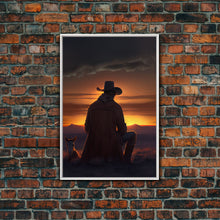 Carregar imagem no visualizador da galeria, A cowboy and his horse at sunset, framed canvas art, canvas print, western decor, farmhouse art
