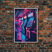 Cargar imagen en el visor de la galería, Game Room Decor, Framed Canvas Print, Synthwave Arcade, Boys Room, Gamer Gift, Gaming Wall Art, Video Game Posters, Teen Room
