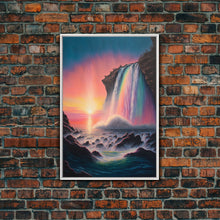Carregar imagem no visualizador da galeria, A Mythical Waterfall and Rainbow pouring Into the ocean blue at sunset, framed canvas print
