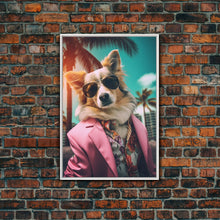Load image into Gallery viewer, Corgi Wall Print, Dog Wall Art, Dog Sunglasses, Pink Suit, Floral Shirt, Funny Art, Framed Wall Art, Framed Canvas, Wall Print, Wall Canvas
