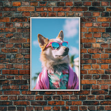 Load image into Gallery viewer, Corgi In Pink Suit Sunglasses Wall Print, Animal Print, Dog Portrait, Dog Art Print, Framed Wall Art, Framed Canvas, Wall Print, Wall Canvas
