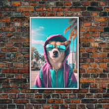 Load image into Gallery viewer, Corgi In Pink And Blue Hoodie Sunglasses Wall Print, Dog Art Print, Dog Portrait, Framed Wall Art, Framed Canvas, Wall Print, Wall Canvas
