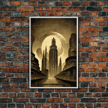 Load image into Gallery viewer, Dystopian Metropolis Art Deco Canvas Print, City Skyline, Fantasy Art, Art Deco Living Room Art, ready to hang wall art
