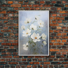 Load image into Gallery viewer, Cosmos Art Print - Framed Canvas Art - Oil Painting Poster Print  - White Flowers Still Life - Small Flower Bouquet Oil Painting Wall Art
