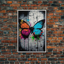 Load image into Gallery viewer, Graffiti Butterfly Art, Framed Canvas Print, Large Wall Art, Contemporary Punk Art, Butterflies, Pop Art, Paint Splatter Art
