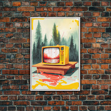 Load image into Gallery viewer, Abstract Surreal Landscape Art, Framed Canvas Print, Retro TV in a Forest, Weird / Strange Home Decor

