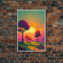 Load image into Gallery viewer, Retro Pop Art Landscape Art At Sunset, Framed Canvas Print, Outrun Style Trees and Sunset, Living Room Art
