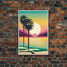 Load image into Gallery viewer, Framed Canvas Print - Art Deco Sunset Scene - Mountains, Palmtrees &amp; Beaches - Retro Style Art - Living Room Decor
