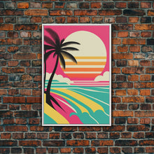 Load image into Gallery viewer, Framed Art Deco Canvas Print - Sunset Beach Scene, Minimalist Palms, Retro Style - Pink and Turquoise Vaporwave Art
