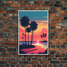 Load image into Gallery viewer, Framed Canvas Print - Art Deco Sunset, Beaches, Minimalist Palm Trees, Retro Synthwave, Vaporwave, 80s Vibes, Gamer Art, Bar Decor
