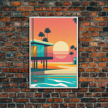 Carregar imagem no visualizador da galeria, Art Deco Sunset Beach Canvas Print, Minimalist Retro Palmtree Vibe, Vaporwave Art, 80s Retro Vibes, Miami Inspired Art
