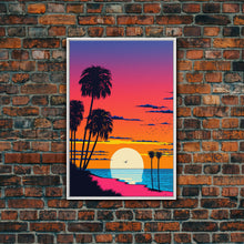 Load image into Gallery viewer, Framed Canvas Print - Art Deco Sunset, Beaches, Minimalist, Palmtrees, Retro Style, Synthwave, Vaporwave, 80s Style Decor, Palme Trees
