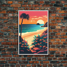 Load image into Gallery viewer, Framed Canvas Print | Art Deco Sunset, Beach, Palm Trees, Retro Style, Synthwave, Vaporwave, Island Vibes, Minimalist Beach Art
