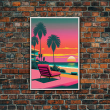 Load image into Gallery viewer, Framed Canvas Print – Art Deco Sunset Beach, Minimalist, Retro, Palm Trees, Synthwave, Vaporwave, Island Vibes, Lounging, Synthwave Deco
