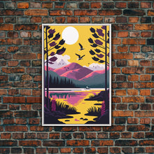 Load image into Gallery viewer, Colorful Pop Art Picture of a Mountain and Forest Landscape, Framed Canvas Print, Surrealist High Contrast Cel Shaded Landscape Art
