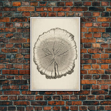 Load image into Gallery viewer, Framed Wall Art Canvas Print, Tree Cross Section, Tree Rings, Rustic Art, Farmhouse Decor, Oak Wood Tree Rings, Illustration, Gift For Him
