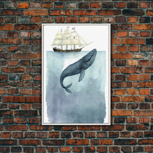 Load image into Gallery viewer, Framed Wall Art Blue Whale Painting, Watercolor Painting, Whale Print, Whale and Boat, Whale Nursery, Humpback Whale, Framed Wall Art
